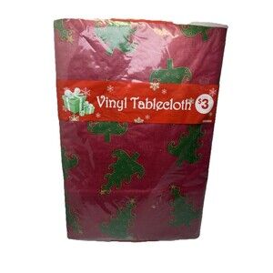 NEW Vinyl Flannel Backed Christmas Tree Table Cloth Oblong Red Green Vintage